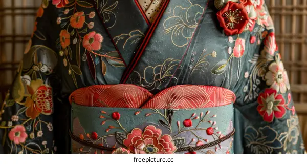 A close-up of a kimono with intricate embroidery