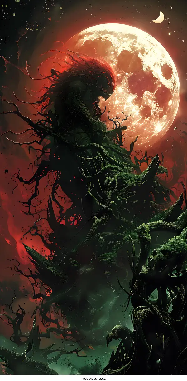A tree monster stands in a field under a red moon.