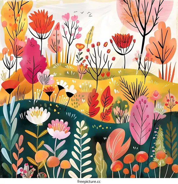 Colorful Abstract Forest Illustration With Bright Flowers and Trees