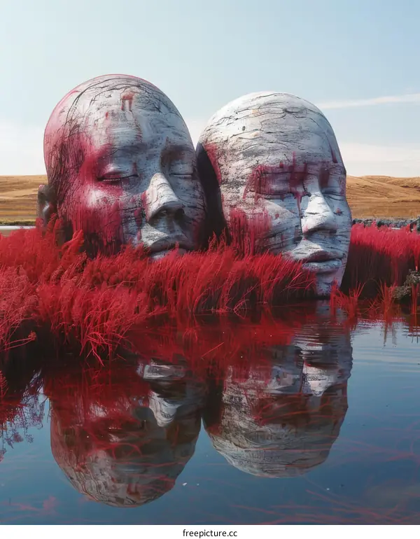 Two Stone Head Sculptures Submerged in Water with Closed Eyes