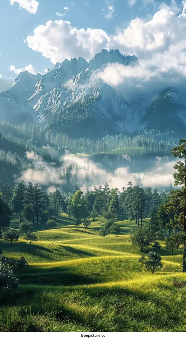 Green Meadow with Snow Capped Mountains