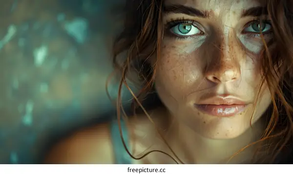 Close-up portrait of a beautiful young woman with freckles and green eyes