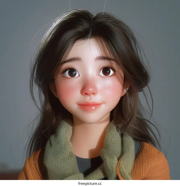 An illustration of a young woman with brown hair and brown eyes