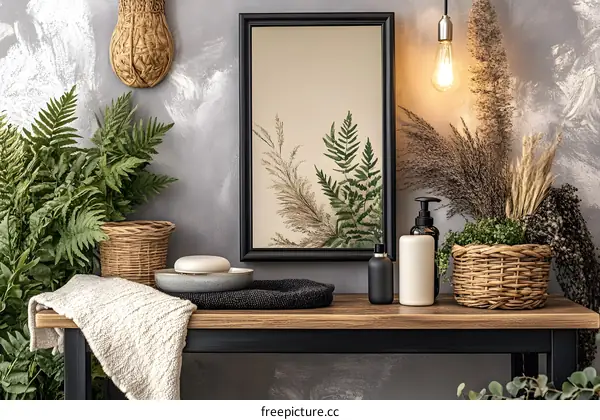 Decorative Mirror with Plants and Baskets on a Wooden Table