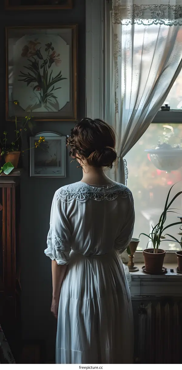 Woman in White Dress Looking Out Window in Vintage Home