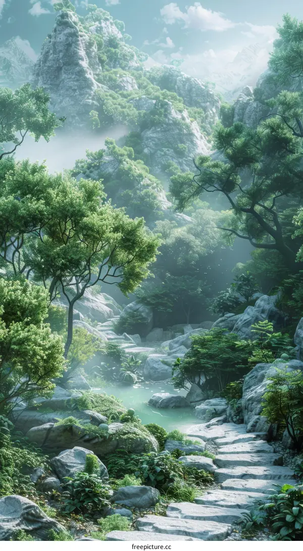 Misty Mountain Forest Landscape with Stone Pathway
