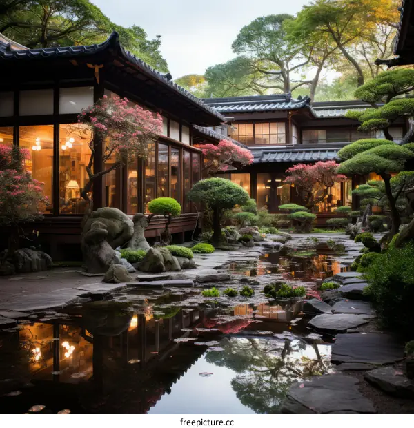 Traditional Japanese House and Pond in Courtyard Garden