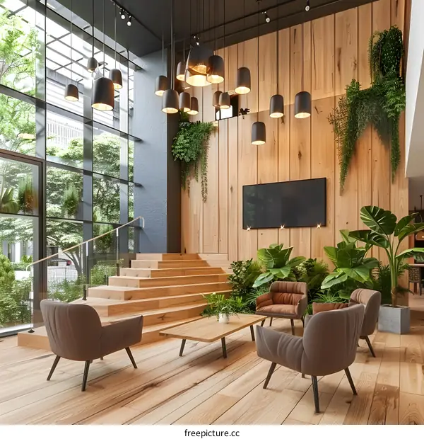 Modern Interior Design with Wooden Walls, Plants, and Stairs