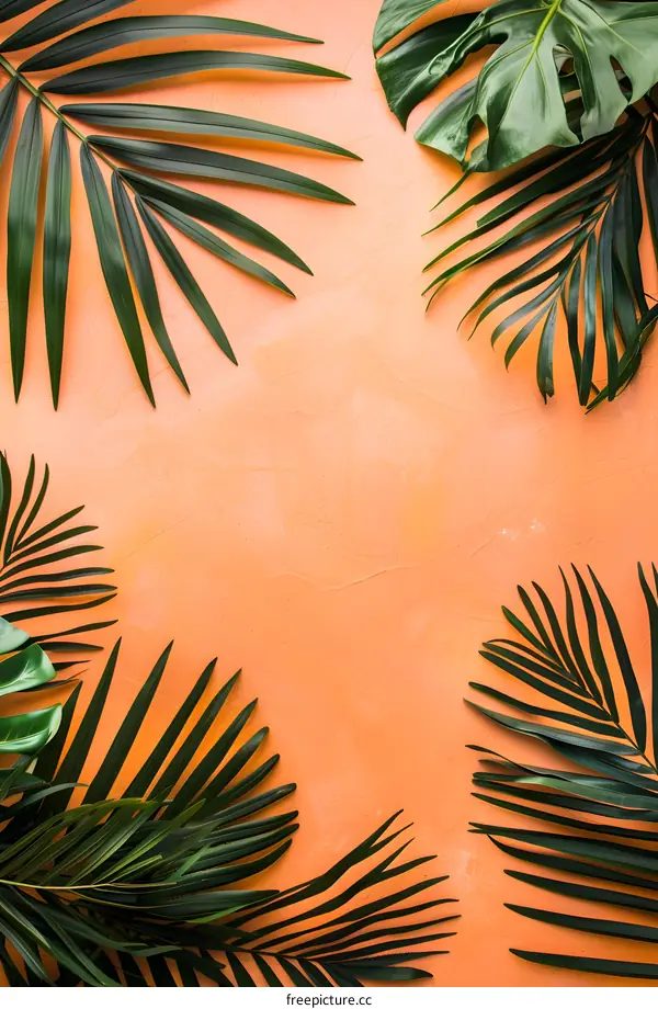 Tropical Leaves on Orange Background