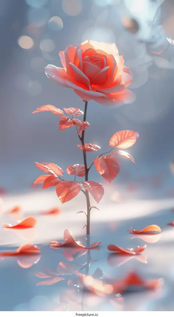 A single pink rose in full bloom with water droplets on its petals