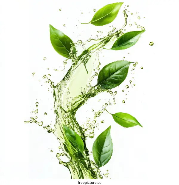 Fresh Green Tea Leaves Splashing