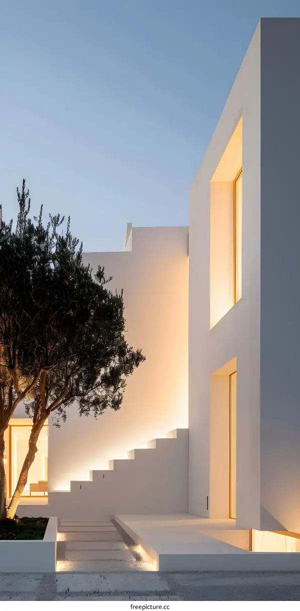 Modern Minimalist White House Exterior with Tree