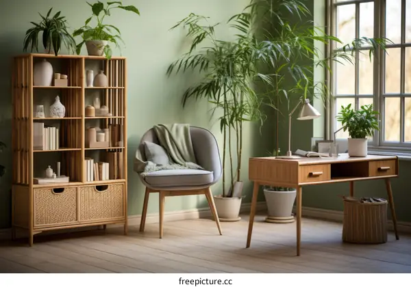 A stylish home office with a green wall, wooden desk, and lots of plants