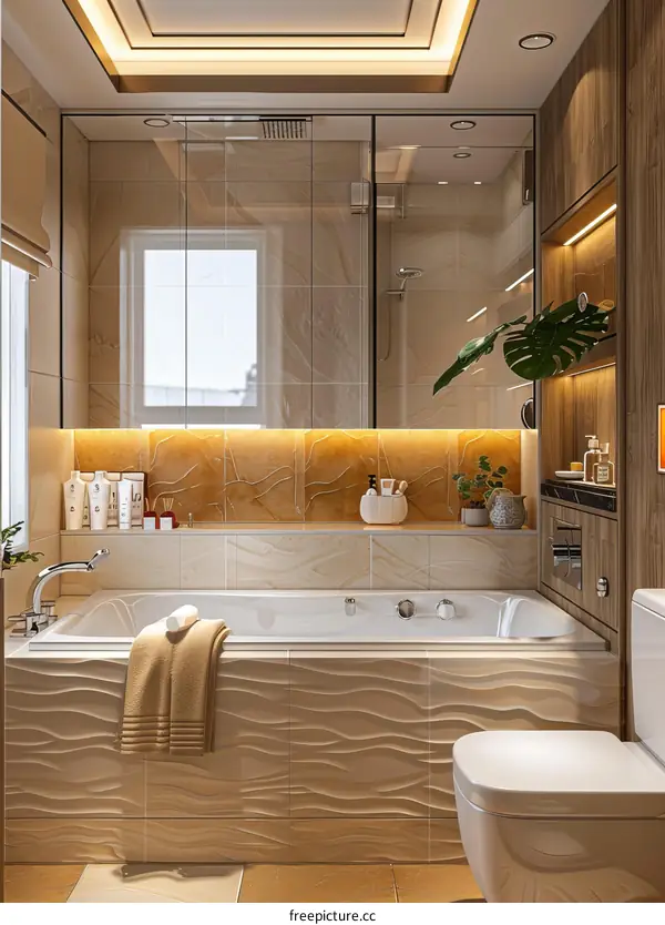 Modern Bathroom Design with Warm Lighting and Natural Elements