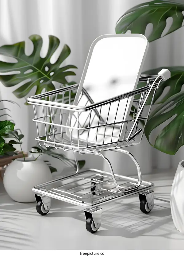 Shopping Cart with White Background and Green Plants