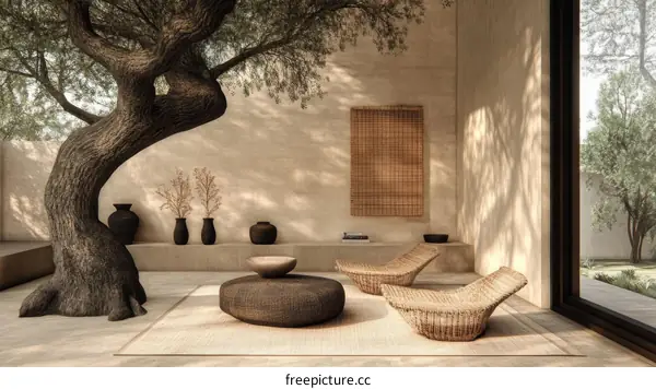 Minimalist Outdoor Living Space Under a Majestic Tree
