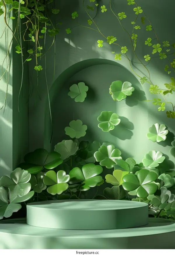 Green podium with clovers for St Patrick's Day