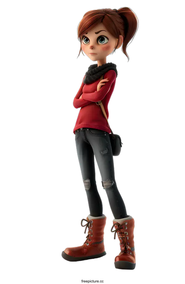 [Transparent Background PNG]3D Cartoon Illustration of Young Woman with Red Hair and Blue Eyes