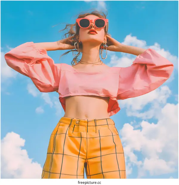 Summer Fashion Style, Pink Blouse, Yellow Plaid Pants, Woman With Sunglasses,  Outdoor Photography