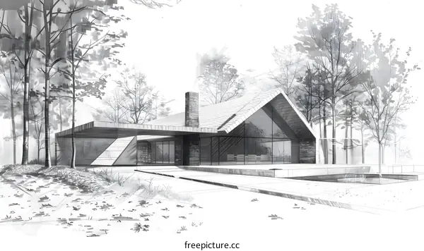 Pencil Sketch of a Modern House in the Woods