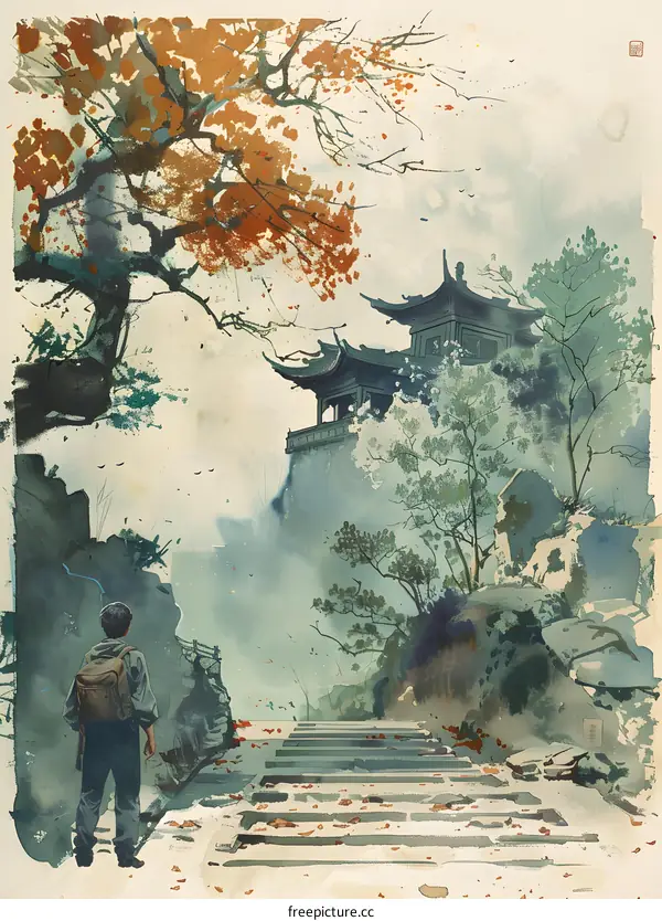 A Solitary Figure Ascends the Ancient Temple Steps