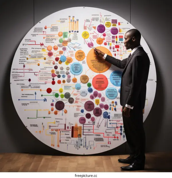 A businessman in a suit stands next to a large circular diagram.