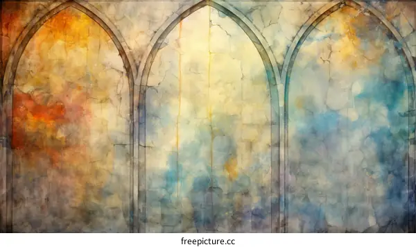 Colorful watercolor painting of a stone wall with three arched openings