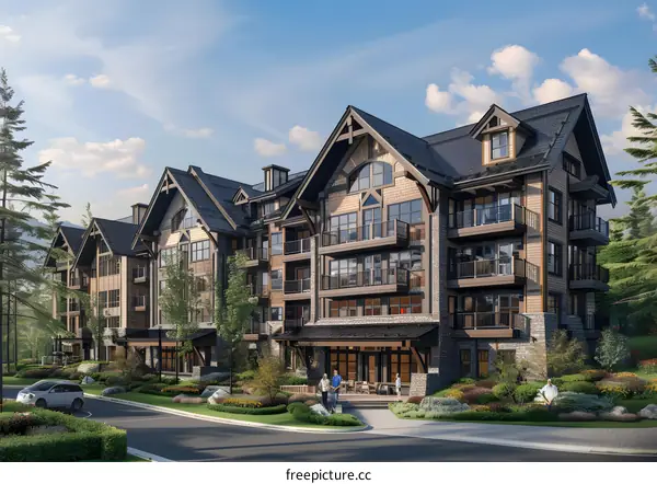 Modern Mountainside Apartment Building with Green Landscape