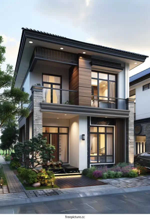 Modern Asian Style House Exterior Design Illustration