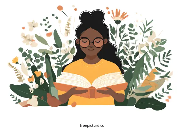 Young Black Woman Reading a Book Surrounded by Flowers