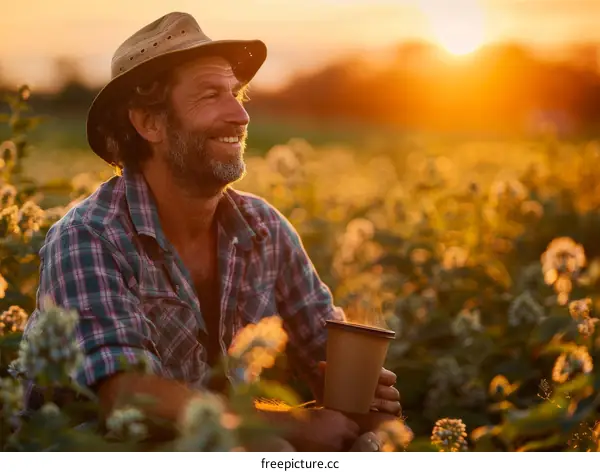 A farmer is enjoying the sunset in a field of flowers