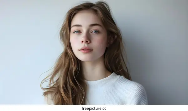Portrait of a young woman with long brown hair and blue eyes