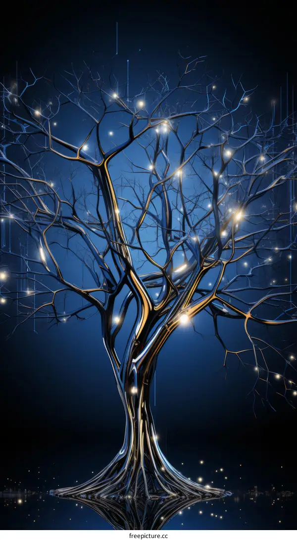 Mesmerizing Blue and Gold Glowing Tree Under a Starry Night Sky