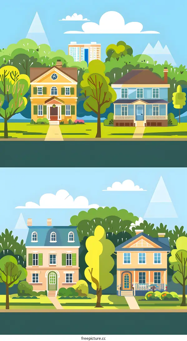Illustration of Four Houses on a Street With Green Trees