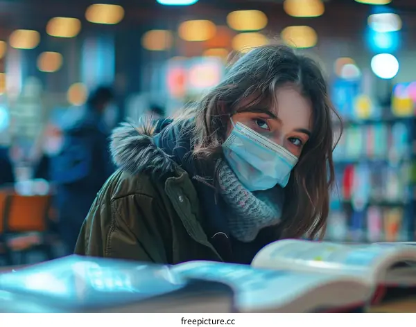 A young woman wearing a mask is reading a book in a library.