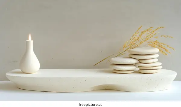 Minimalist Modern Ceramic Candle Holder with Stones and Dried Flowers