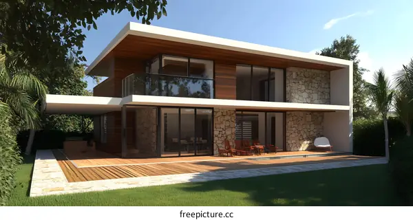 Modern Two Story House with Stone Wall and Deck