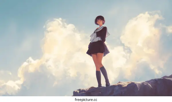 A Beautiful Girl in Uniform Standing on a Cliff with Clouds