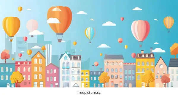 Colorful Hot Air Balloons Flying Over Cityscape Illustration