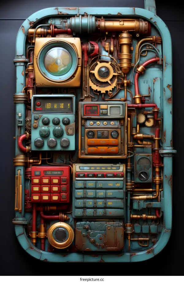 Retro Futuristic Steampunk Circuit Board With Pipes And Gears