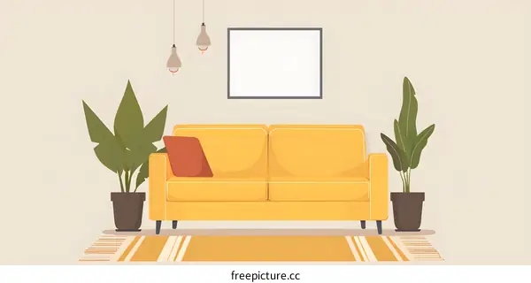 Yellow Sofa Illustration with Plants and Pendant Lamps in a Living Room