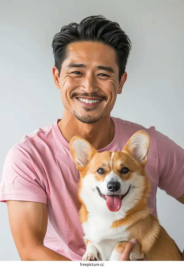 Asian man smiling with a happy corgi dog