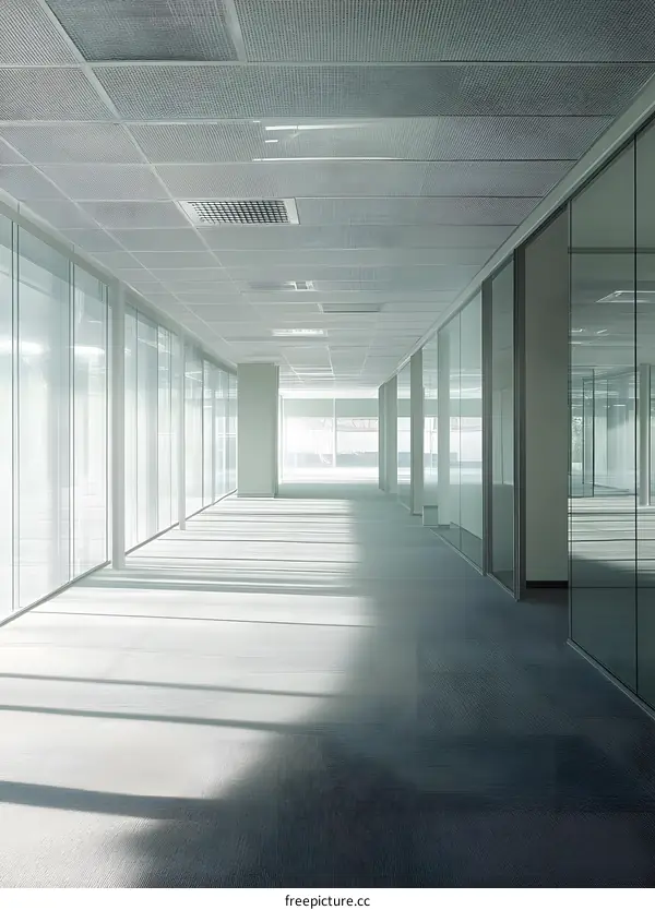 Empty Office Corridor with Glass Walls and Ceiling Panels