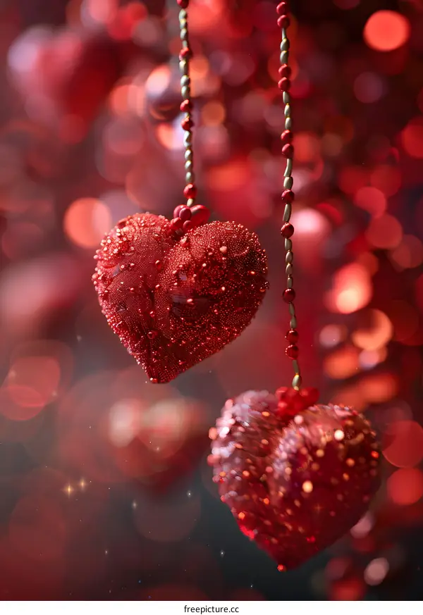 Two red heart-shaped ornaments hanging from a string of beads with a blurred red background