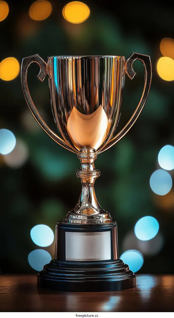Golden Trophy Award on Wooden Table