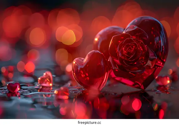 Two red crystal hearts with a rose on a wet surface with red blurred lights in the background