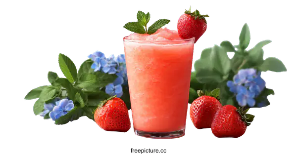 [Transparent Background PNG]Strawberry Slush Drink with Fresh Mint and Flowers