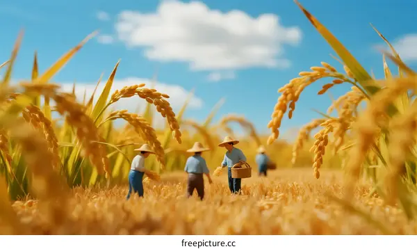 Miniature Farmers Working in Golden Rice Field Under Blue Sky