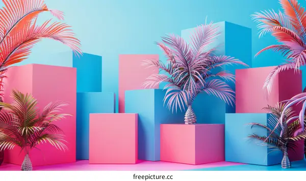 Vibrant Color Block Scene with Tropical Plants