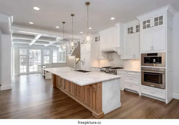 Modern White Kitchen with Wood Island